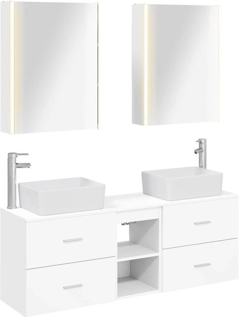 vidaXL Badezimmermöbel-Set 5-teilig in Weiß, modern mit Waschtischunterschrank, Spiegelschrank und Wandschrank aus Holz und Glas mit LED-Beleuchtung - Bild 1