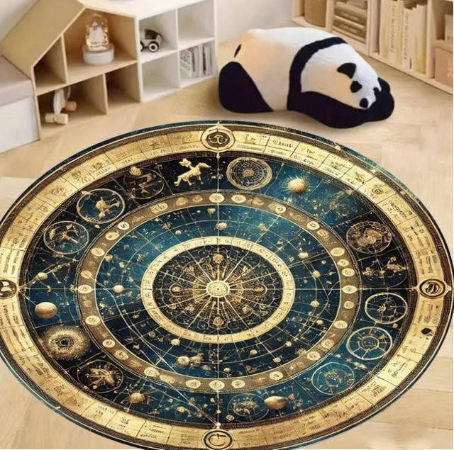 Runder Teppich mit Kompass-Muster von Wucifang Jewelry in Blau, waschbar und rutschfest, Durchmesser: 120 cm - Bild 1