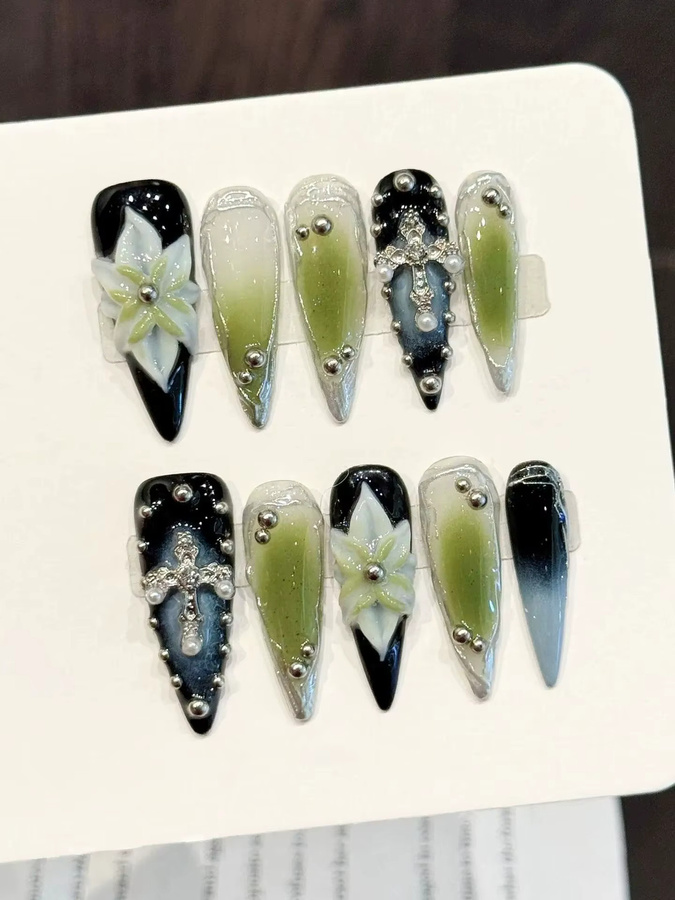 YADORNOS Künstliche Nägel, 10 Stück, Cyberpunk-Metallperlen-Design, Grünblumen-Dekor, Glänzend, Unisex - Bild 4