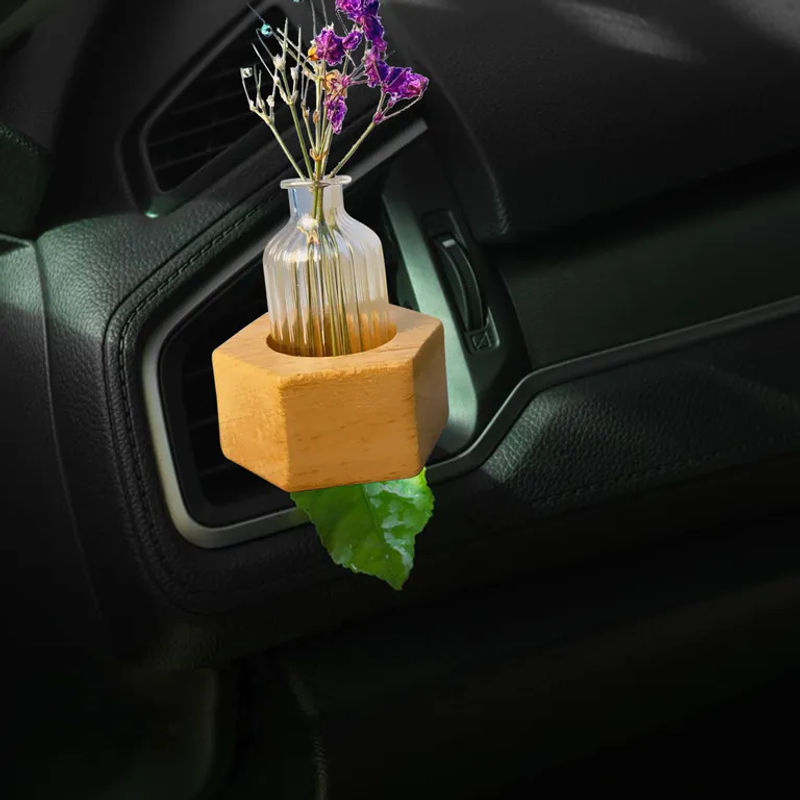 Tooarts Hydroponische Auto-Blumenvase aus Holz und Glas in Braun, minimalistische Dekovase für die Mittelkonsole - Bild 2