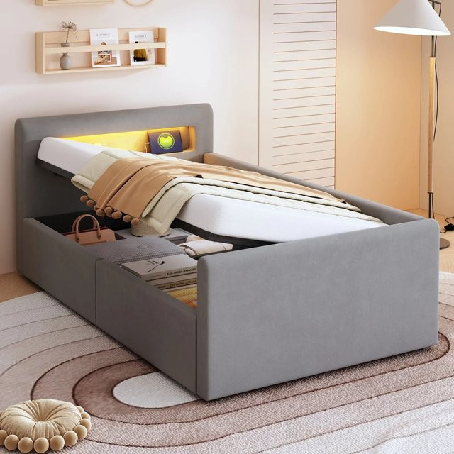 Merax Kinderbett mit Samtbezug, LED-Beleuchtung und USB-Anschluss, Hellgrau, B/T/H: 90 x 200 x 36 cm - Bild 1