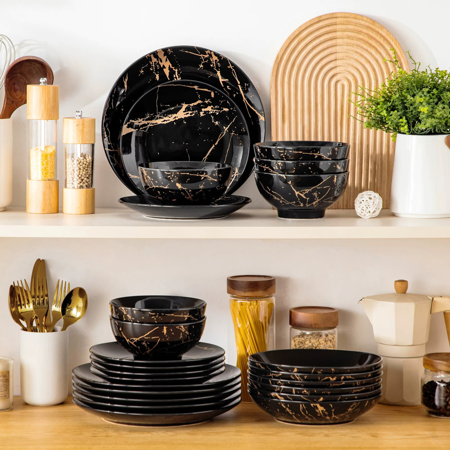 LOVECASA 24-teiliges Porzellan Geschirrset mit goldener Spritzglasur in Schwarz und Gold - Bild 6