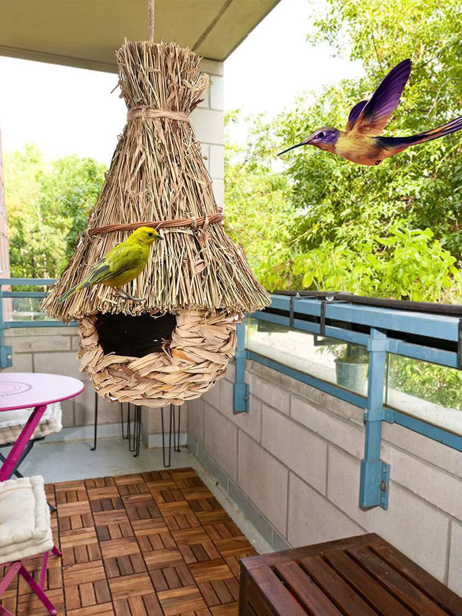 Handgefertigter Vogelkäfig aus Gras in Grau als rustikale Gartendekoration zum Aufhängen - Bild 3