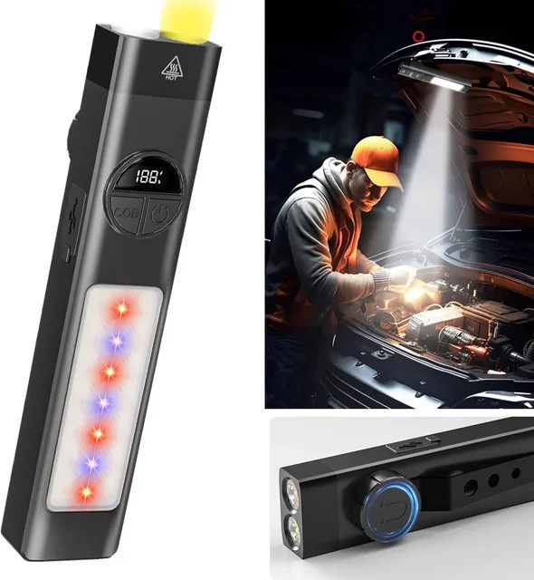 Tragbare taktische EDC-Taschenlampe in Schwarz mit 400 lm, wiederaufladbare USB-LED-Taschenlampe mit Warn-LED und magnetischem Notfall-Arbeitslicht für Camping und Wandern - Bild 1