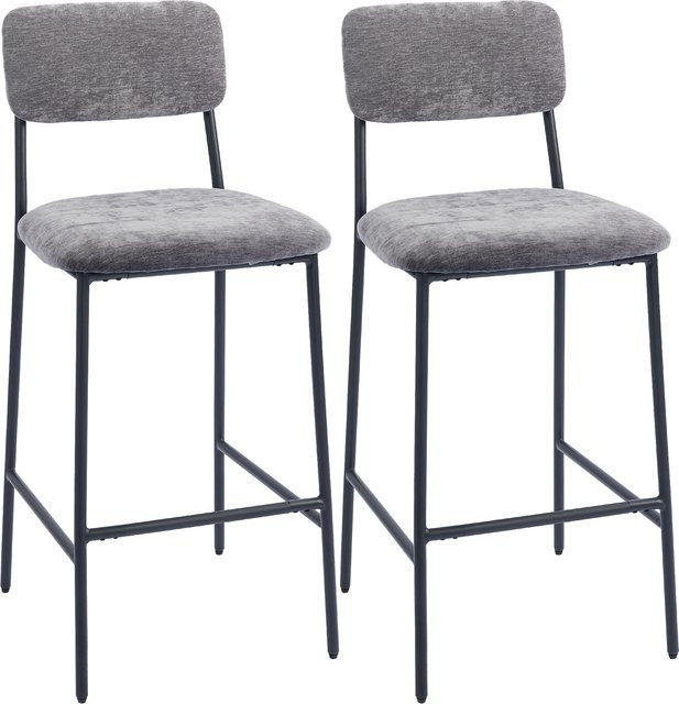 HOMCOM Barhocker 2er Set in Grau mit Chenille-Optik, gepolsterte Barstühle mit Rückenlehne und Fußstütze aus Stahl, Sitzhöhe: 72,5 cm - Bild 1