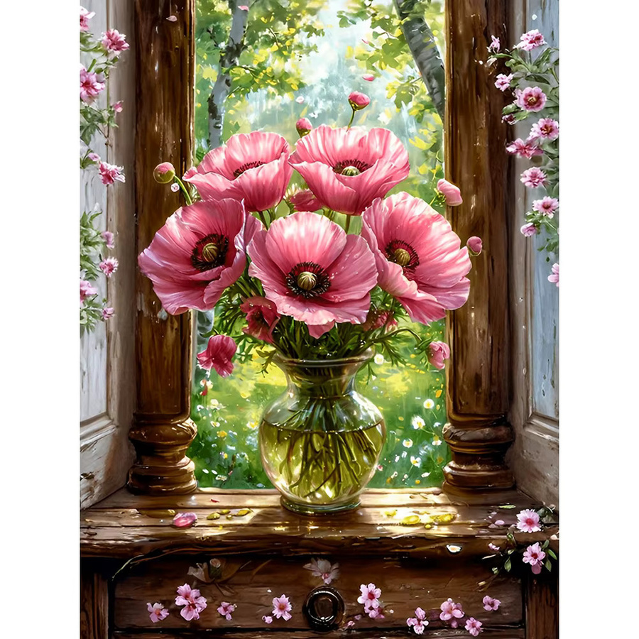 Evershine Diamantgemälde Mohnblumen-Motiv in Rot, rundes DIY-Mosaik-Set zur Strass-Stickerei als Fensterdekoration, B/D: 30 x 30 cm - Bild 4