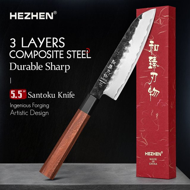 Hezhen Santoku Messer aus 3-lagigem Verbundstahl mit rotem Holzgriff, 13,97 cm - Bild 1