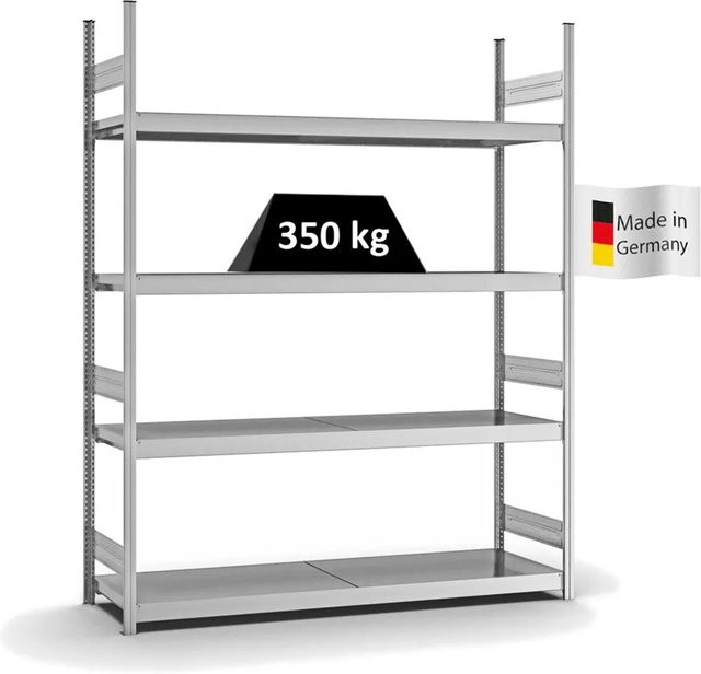 PROREGAL Weitspannregal Stecksystem T-Profil mit 4 Ebenen und Stahlplatten, verzinkt, Farbe: Silber, H x B x T: 250 x 200 x 50 cm - Bild 1