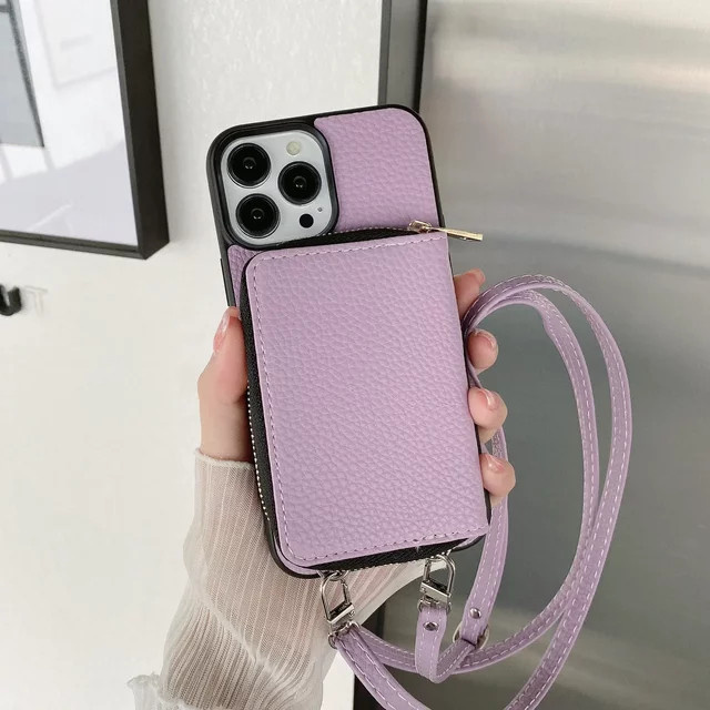 Handyhülle mit Crossbody-Lanyard und Brieftasche aus weichem Leder für iPhone 15 14 13 12 11 Pro Max Plus XS X in Beige - Bild 1