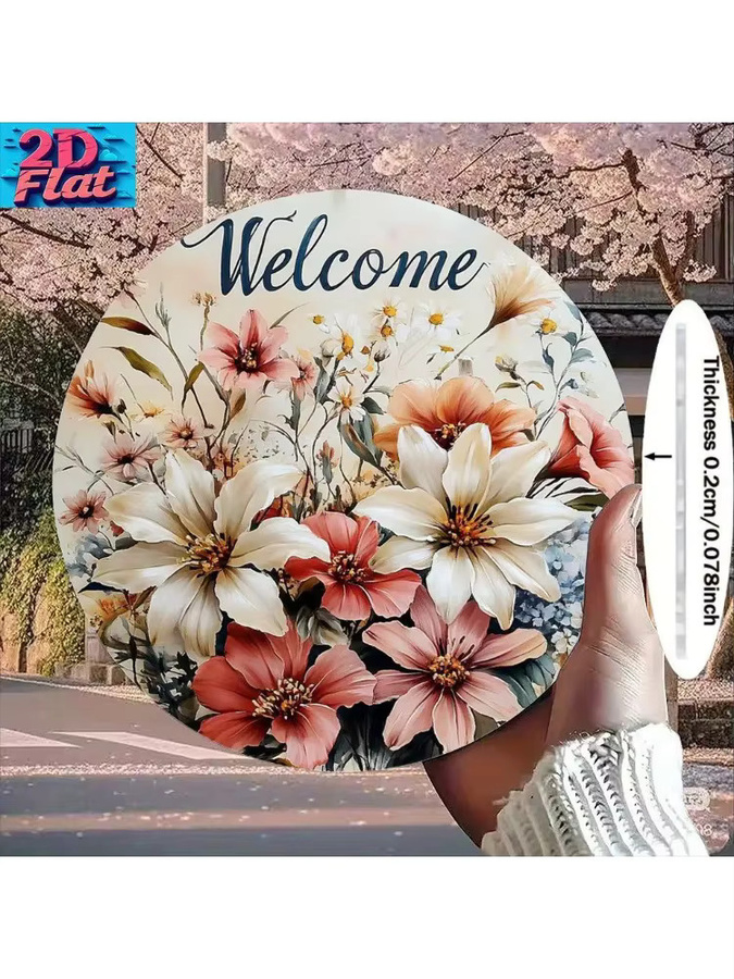 Potdemiel Florale Willkommens-Wanddekoration aus Metall, runde Wandplatte mit Blumenmotiv, Durchmesser: 20 cm, Mehrfarbig - Bild 6