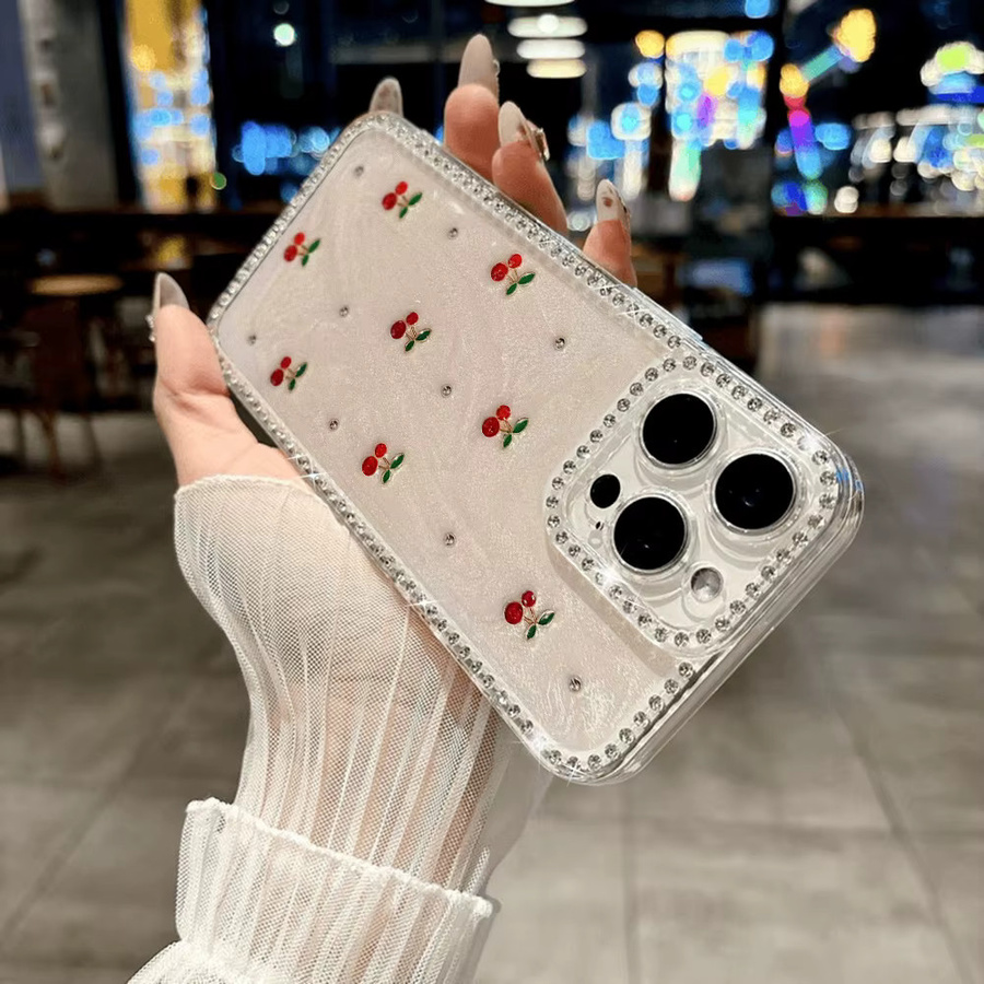 Bling Diamond Cherry Soft Phone Case für iPhone 17 Pro Max 16 15 14 13 12 11 Air Silikonhülle stoßfest transparent - Bild 5