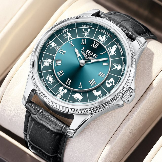 LIGE Armbanduhr Quarz, Edelstahl, Leder, Blau, Herren - Bild 1