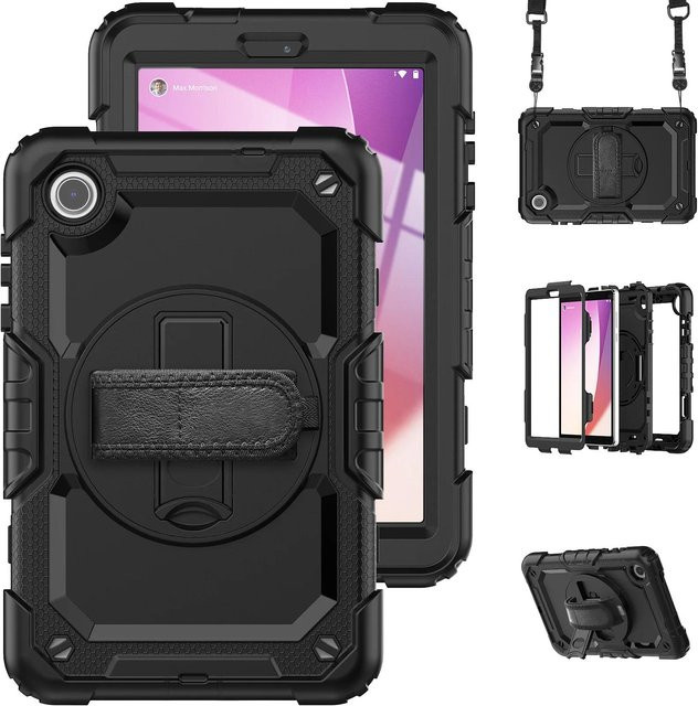 Silikon Kinderhülle für Samsung Galaxy Tab M8 4. Generation TB301FU TB300XU TB300FU mit Ständer, Handgelenkband und Displayschutz, Schwarz - Bild 1