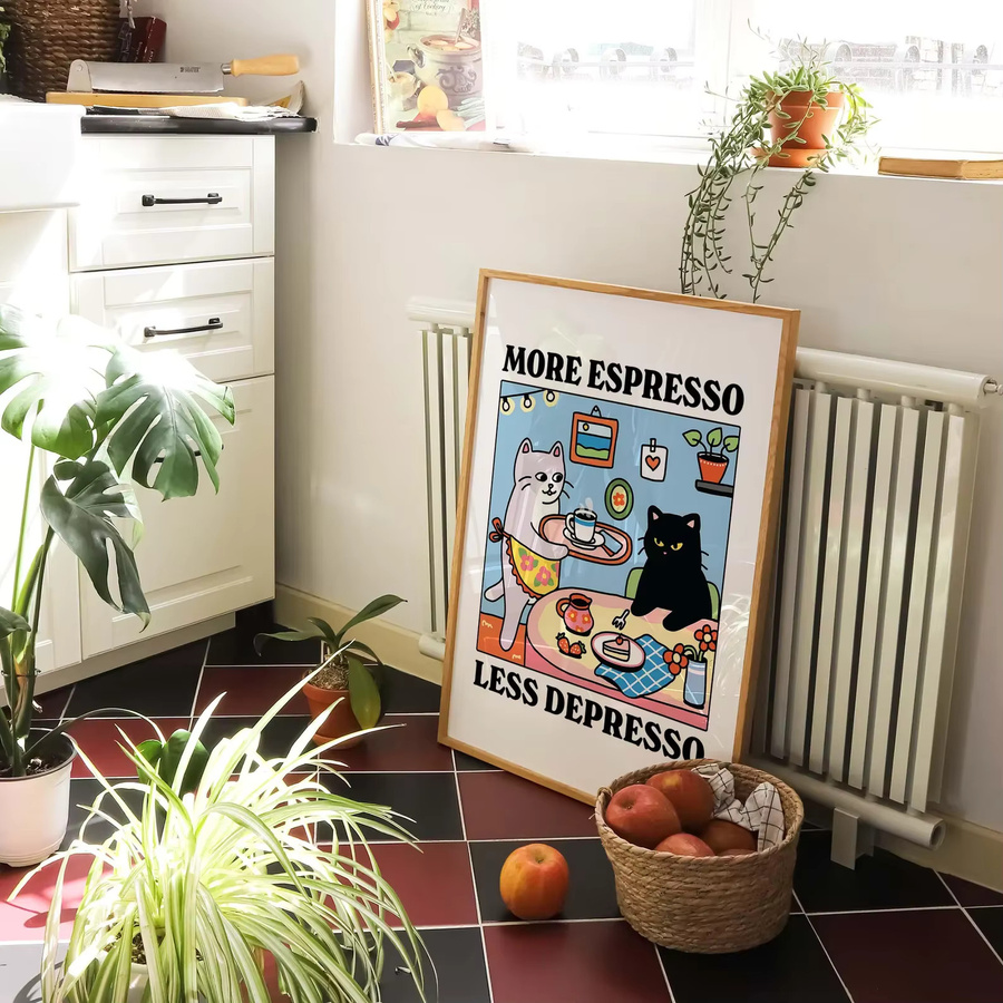 Handgefertigtes Kaffeekatzen-Poster mit schwarzer Katze und Typografie in Schwarz und Multicolour für deine Küchenkunst - Bild 3