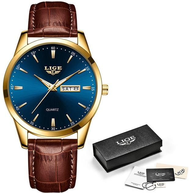 LIGE Armbanduhr Quarz, Leder, Gold/Blau, Herren, Datum, 3 ATM - Bild 1
