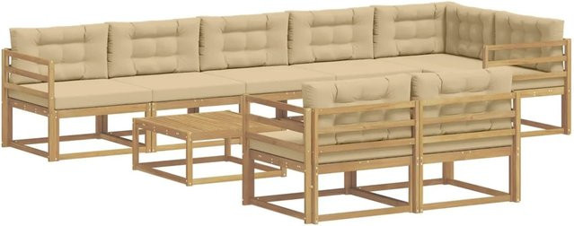 vidaXL Outdoor-Sofagarnitur aus Akazienholz mit Polsterkissen, 9-teiliges Set, Weiß und Beige, B/T/H: 79 x 79 x 37 cm - Bild 1