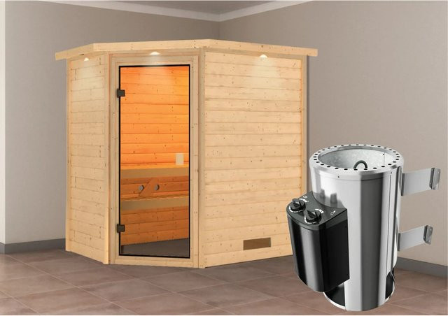 Karibu Massivholzsauna Jella in Natur mit 3,6 kW Ofen, integrierter Steuerung und LED-Dachkranz, B/T/H: 195 x 145 x 223 cm - Bild 1
