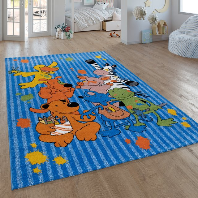 Kinderteppich Die lieben sieben in Blau, B: 120 cm, L: 170 cm, pflegeleicht und fußbodenheizungsgeeignet - Bild 1