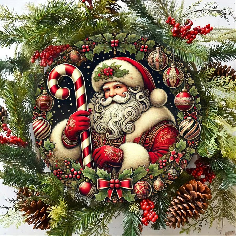 Potdemiel Weihnachtsmann Wanddekoration aus Metall, rundes Blechschild mit Kranz in Multicolor, Durchmesser: 20 cm - Bild 4