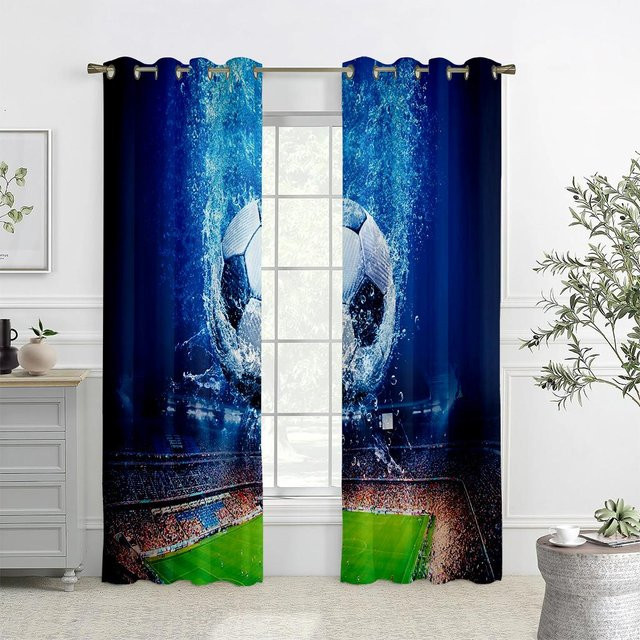Yiran Furniture Fußballvorhänge für Kinder, 2 Paneele, Blau, Semi-transparent, B: 50 cm, H: 130 cm - Bild 1