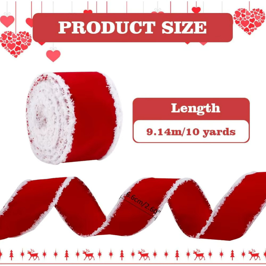 Rotes Weihnachts-Samtband mit weißen Fransen, Breite: 6,35 cm, Länge: 9,14 m - Bild 2