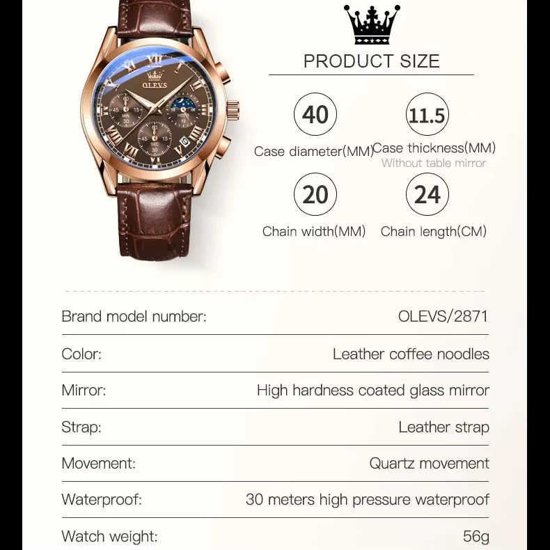 OLEVS Chronograph, Quarzuhr, Leder, Edelstahl, Herren - Bild 6