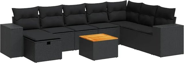 vidaXL 9-tlg Garten-Sofagarnitur in L-Form aus schwarzem Poly-Rattan mit Kissen und Akazienholz - Bild 1