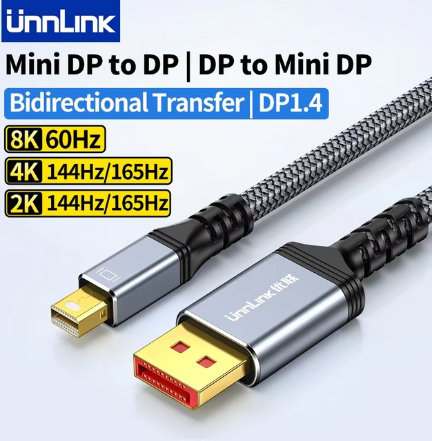 Unnlink Mini DisplayPort auf DisplayPort 1.4 Kabel in Silber, bidirektional, unterstützt 8K, 4K 144Hz und 2K 165Hz, kompatibel mit Thunderbolt und MacBook Air sowie Surface - Bild 1