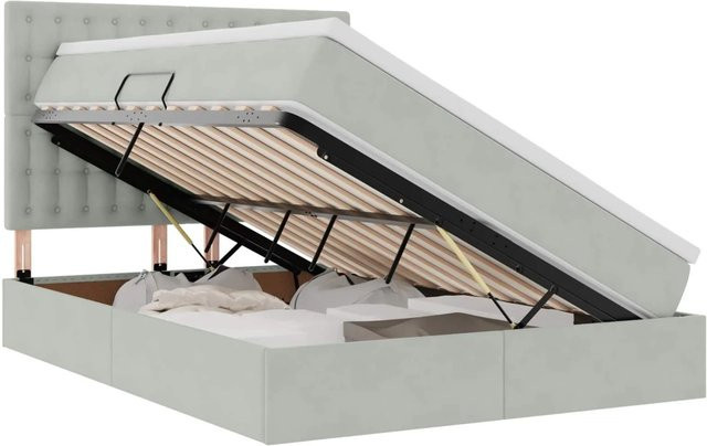 vidaXL Bett mit Stauraum und LED in Hellgrau aus Samt, B/H: 140 x 190 cm - Bild 1