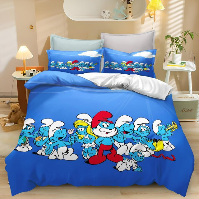 LjqEight Die Schlümpfe Bettwäsche-Set aus Polyester in Blau, 3-teilig, B/H: 135 x 200 cm - Bild 1