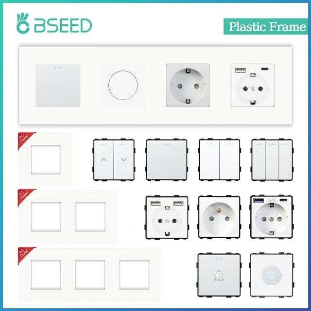 BSEED Lichtschalter und Steckdose Kombination mit USB Typ-C Port, EU Standard, Kunststoff Panel für DIY Installation - Bild 1