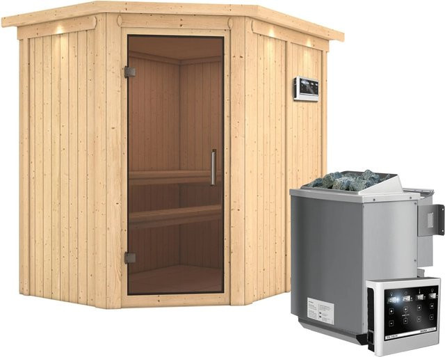 Karibu Sauna CARIN mit Bio-Kombiofen 9 kW, Dachkranz und Ganzglastür in Graphit, B/T/H: 196 x 151 x 165 cm - Bild 1