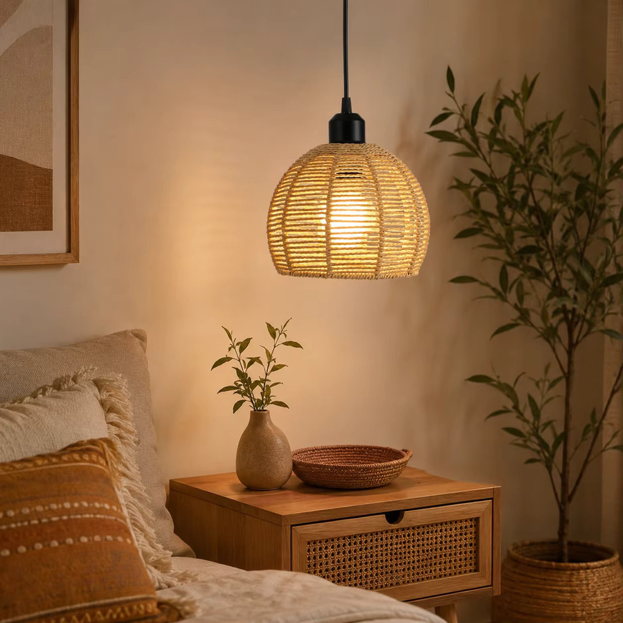 JOYINLED Boho Rattan-Hängelampe in Beige, runde Weidenkorb-Pendelleuchte für Wohnzimmer und Esszimmer, Durchmesser: 18 cm - Bild 2