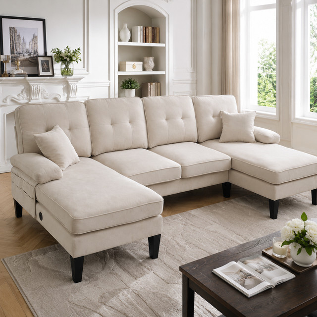 LVHOM Modernes U-förmiges 4-Sitzer Sofa mit Doppel-Chaiselongue aus Cord- und Leinenstoff und USB-Anschlüssen - Bild 1