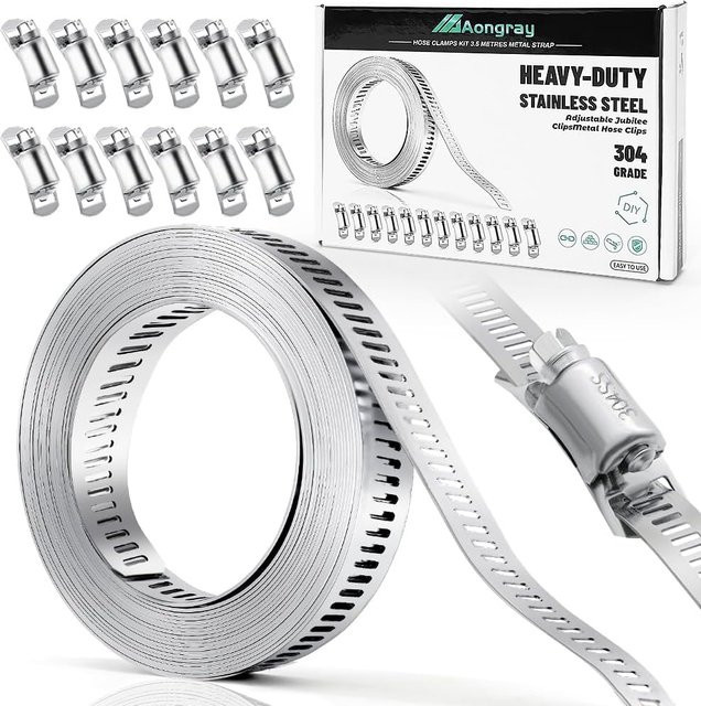 Schlauchschellen-Sortiment-Kit aus 304 Edelstahl in Silber mit 30 m zuschneidbarem Metallband und 12 verstärkten Befestigungselementen mit verstellbarem Schneckengetriebe - Bild 1