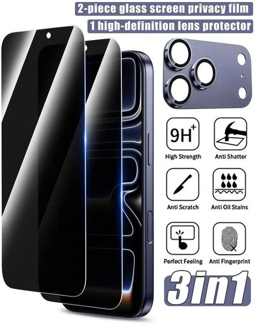 3-in-1 Schutzset für iPhone 17 16 15 14 13 Pro Max und Pro mit 2 Sichtschutz-Displayschutzfolien und Kamera-Objektivschutz in Schwarz - Bild 1