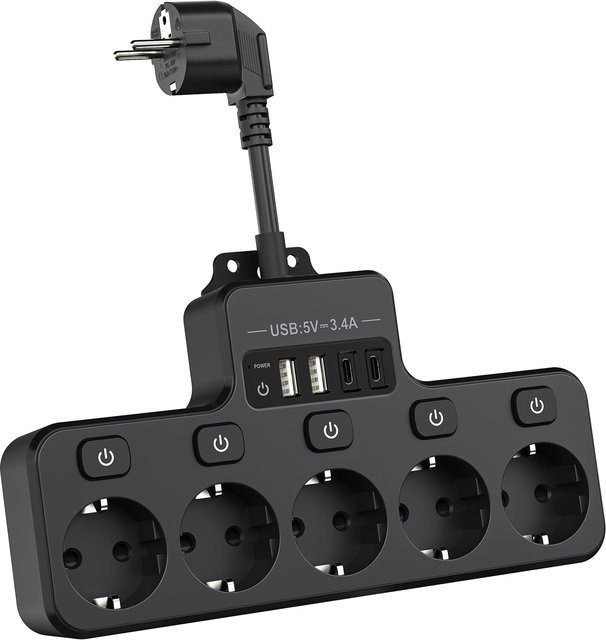 HITRENDS Steckdosenleiste in Schwarz mit individuellem Schalter, 2 USB-A und 2 USB-C Anschlüssen, 16 A, B/T/H: 23,0 x 12,5 cm - Bild 1