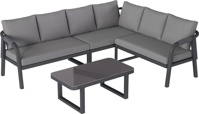 okwish Gartenmöbel-Set mit Ecksofa und Couchtisch in L-Form, grau geflochten mit Arm- und Rückenlehnen sowie Polsterkissen - Bild 1