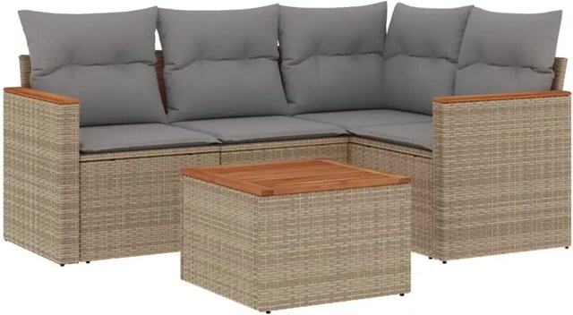 vidaXL 5-teilige Garten-Sofagarnitur in L-Form aus Poly-Rattan und Akazienholz mit Kissen in Beige - Bild 1