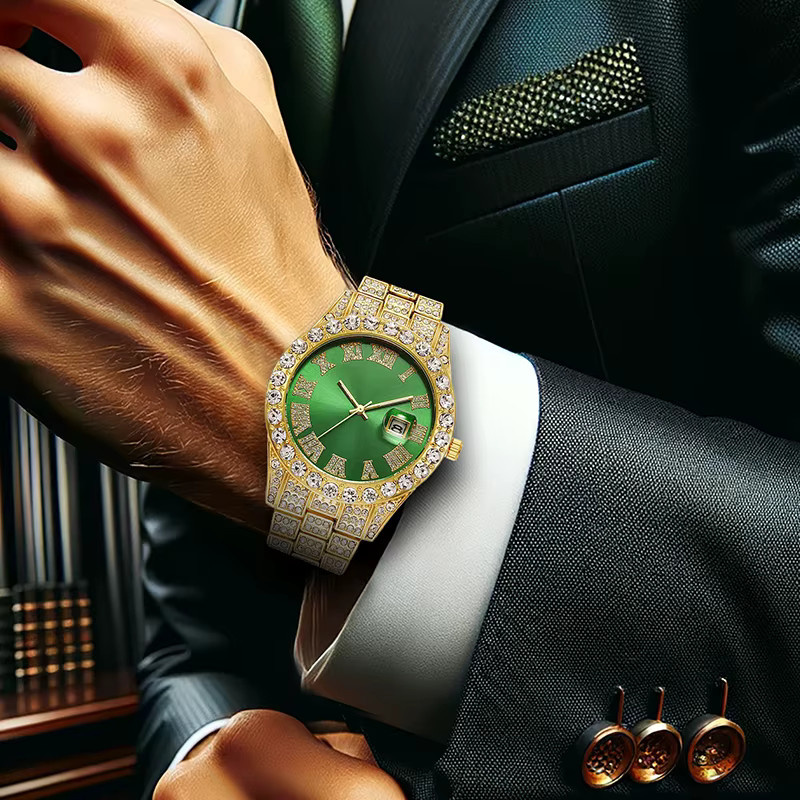 CAROTIF Armbanduhr Quarz, Edelstahl, Grün, Gold, Datum, Herren - Bild 6