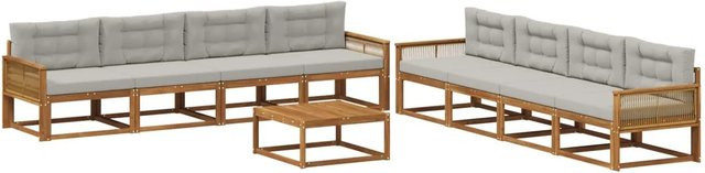 vidaXL Outdoor-Sofagarnitur L-Form aus Akazienholz mit 9-teiligem Set und Kissen in Hellgrau - Bild 1