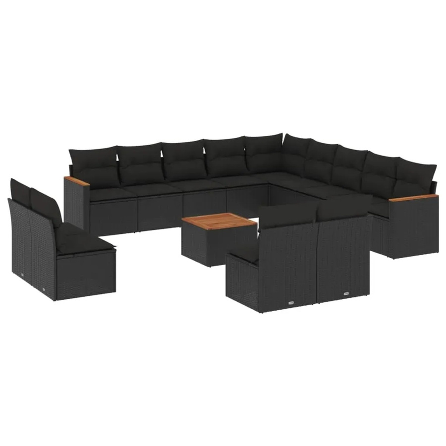 vidaXL 14-teilige Garten-Sofagarnitur aus Poly-Rattan und Akazienholz in Schwarz mit Kissen - Bild 2