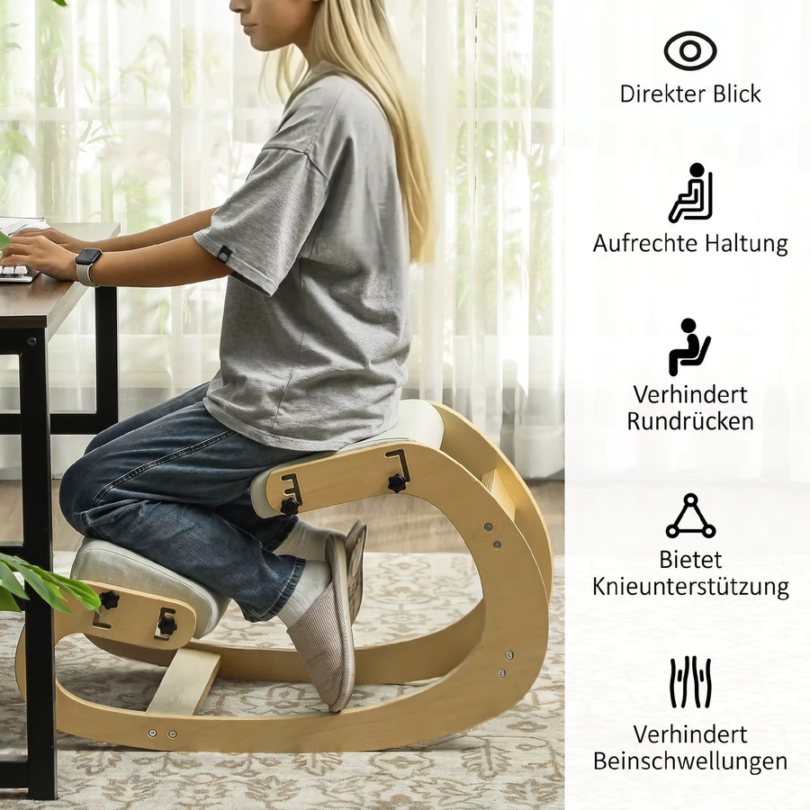 HOMCOM Ergonomischer Kniestuhl mit 6 verstellbaren Einstellungen und Holzbasis in Cremeweiß - Bild 5