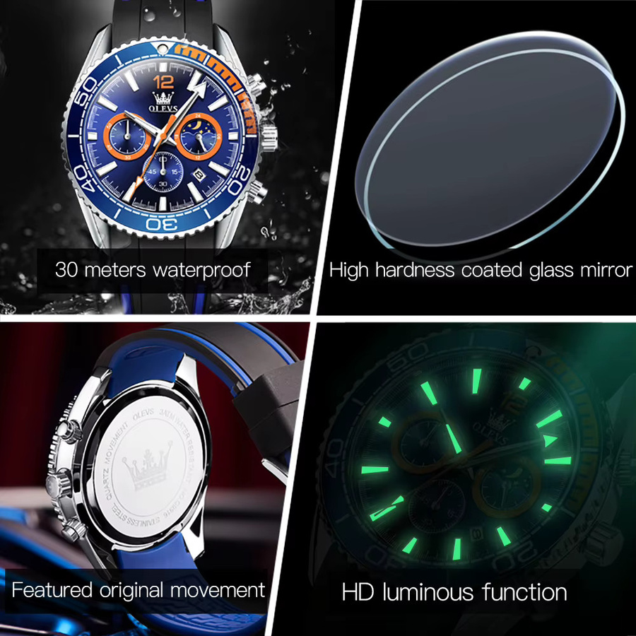 OLEVS Chronograph, Quarz, Silikon Armband, Blau, Herren - Bild 5