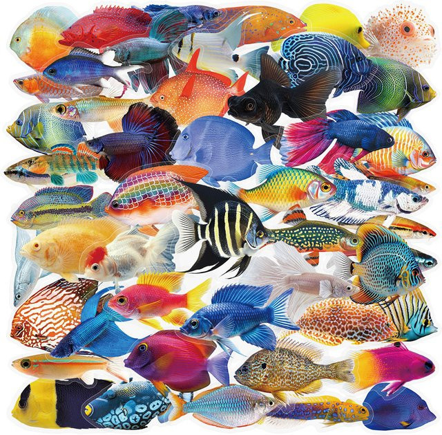 50 Stück transparente Fisch-Aufkleber von AnimeWorlds Store, wasserfeste Dekoration in Multicolour für Handyhüllen, Scrapbook und Gepäck - Bild 1