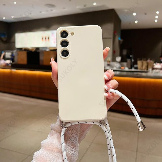 Samsung Handyhülle aus Flüssigsilikon mit Crossbody Lanyard für Galaxy S24 Ultra S23 FE A55 A54 A16 A15 5G in Beige - Bild 1