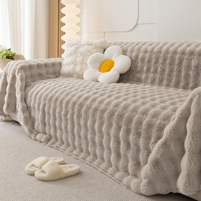 Superweicher Kunstfell-Sofabezug in Beige mit Blasendesign, warmer Plüsch-Überwurf für dein Wohnzimmer, B/T: 90 x 90 cm - Bild 1