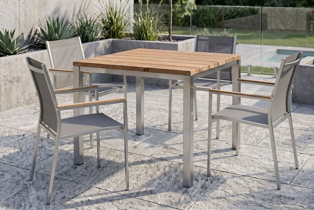 Stern Cardiff Garten-Essgruppe aus Edelstahl und recyceltem Teakholz in Silber/Grau mit Tisch und 4 Stapelsesseln, Tisch Breite: 90 cm, Tiefe: 90 cm, Höhe: 76 cm - Bild 1