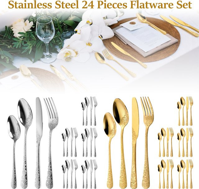 24-teiliges Besteckset aus poliertem Edelstahl mit Blumenmuster in Silber oder Gold, bestehend aus Messern, Gabeln und Löffeln - Bild 1