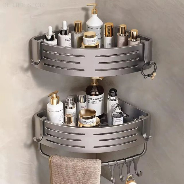 WudenCozfy Badezimmer Eckregal aus Aluminium mit Kunststoffhaken und Handtuchhalter, Silber/Grau - Bild 1